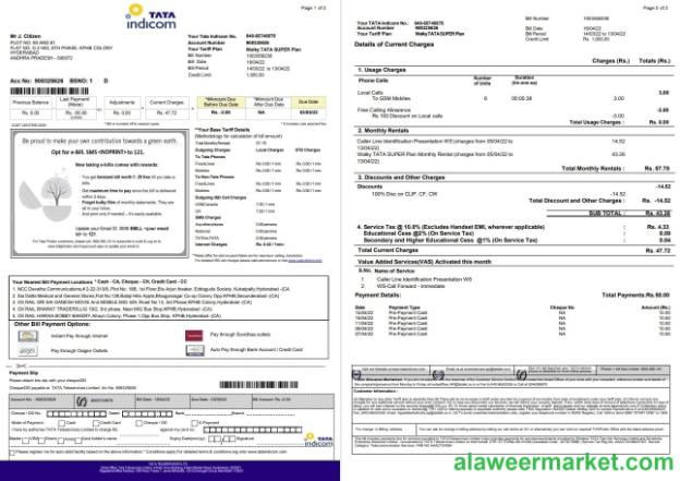 India Tata Indicom mobile utility bill template in Word and PDF format, 2 pages